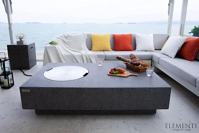 Elementi | Bundle Metropolis Gas Fire Pit Cast Concrete 56" Rectangular Fire Table, Outdoor Fire Pit Electronic Ignition | Canvas Cover, Lava Rock Included | Light Gray (Natural Gas)