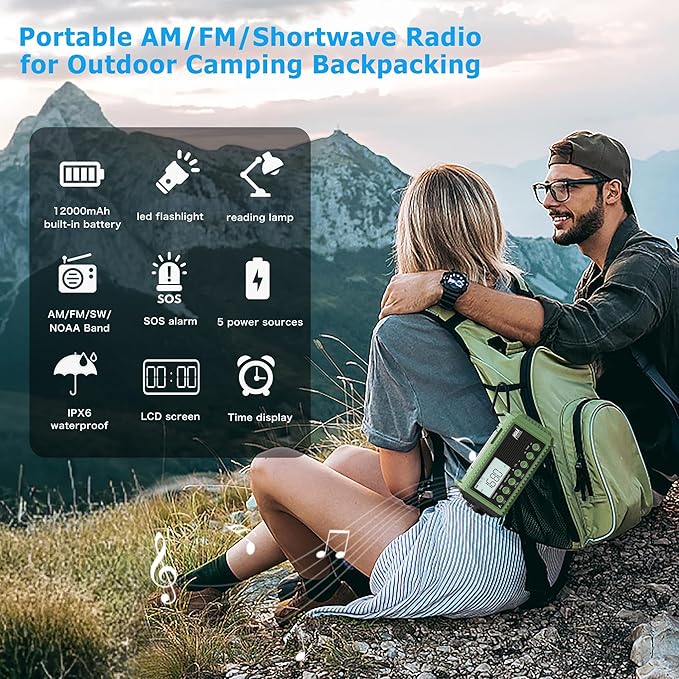 Emergency Radio 12000mAh Auto NOAA Weather Alert -Portable Solar Hand Crank Battery Operated AM/FM Shortwave Radio with Type-c Charger,Flashlight, SOS for Home Outdoor Hurricane Survival