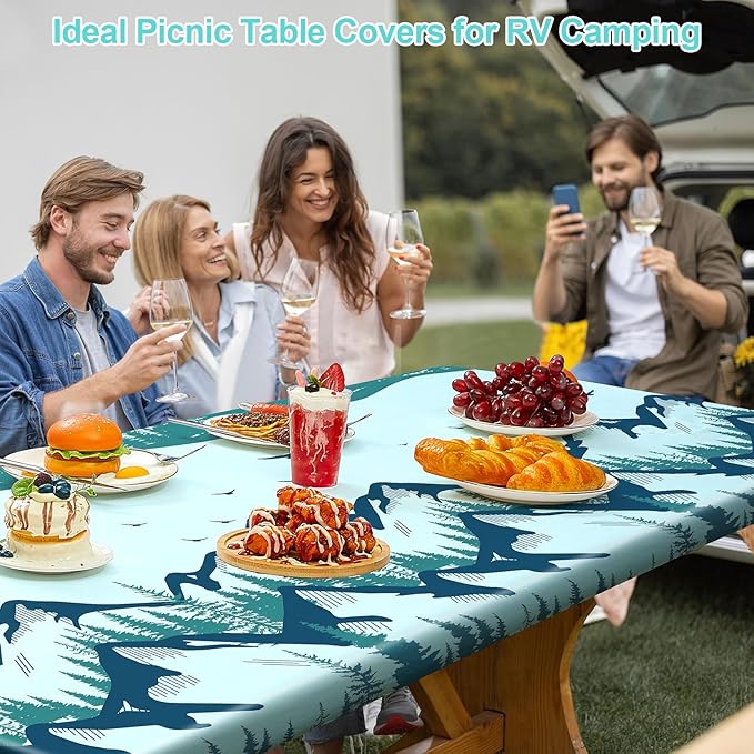 Picnic Table Cover with Bench Covers Portable Table Cloth Built-in Storage Pocket Picnic Table Covers with Elastic Waterproof Camping Essentials for RV Camping
