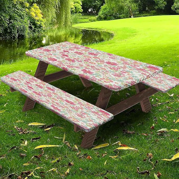 CAPSCEOLL Picnic Table Cover with Bench Covers 8Ft Waterproof Camping Tablecloth Elastic Table Protector with Drawstring Bag for Camping Essentials, 96X30In, Pink Flowers