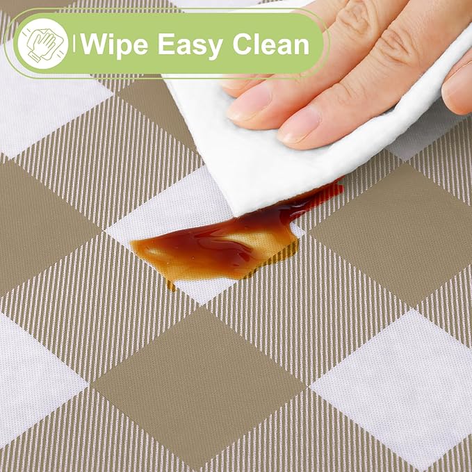 Smiry Rectangle Vinyl Table Cloth, Waterproof Buffalo Flannel Backed Tablecloth, Wipeable Plastic Plaid Table Cover for Dinner, Picnic, Party and Outdoor (Khaki & White, 60" x 84")