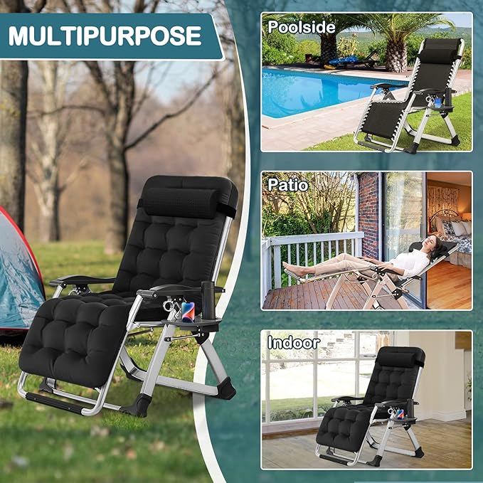 NAIZEA Padded Zero Gravity Chair, Folding Outdoor Lounge Chairs, Adjustable Reclining Camping Chairs with Cup Holder, Ergonomic Patio Lawn Chair for Balcony Beach Deck Yard