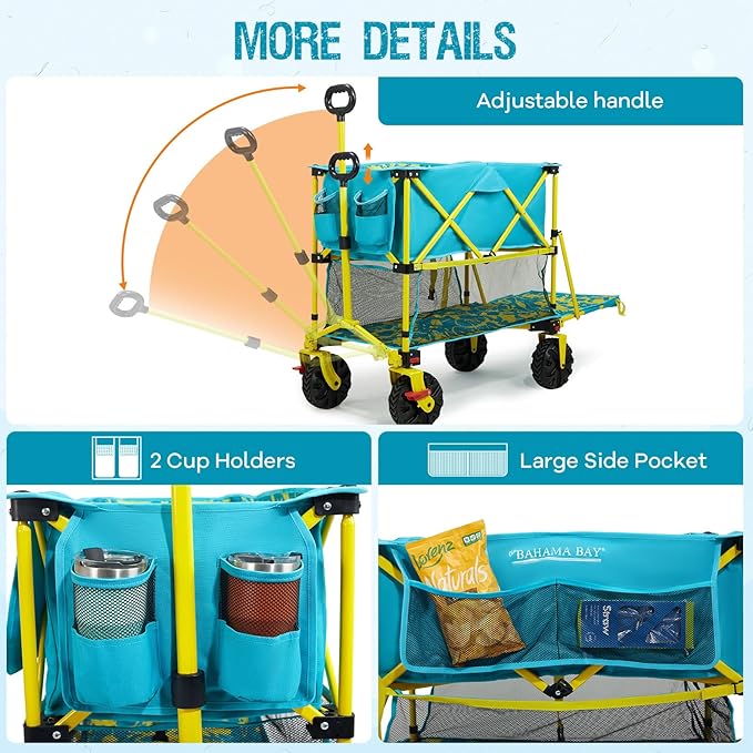 400L Collapsible Double Decker Beach Wagon with Brakes, Folding Beach Cart with 54" Extra Long Decker, 450LBS Heavy Duty Wagon Chart with All-Terrain Big Wheels for Sand Camping Garden