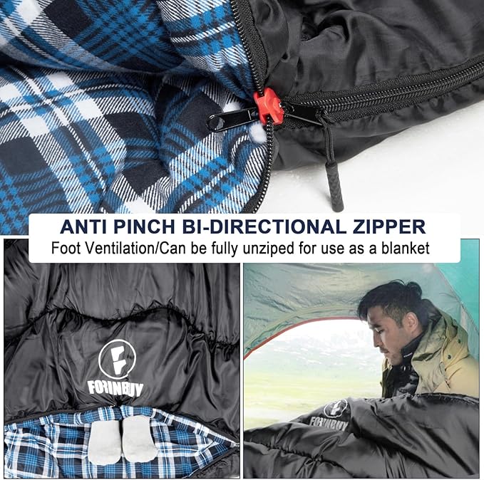 0 Degree Flannel Double Sleeping Bag for Adults, Couples or Family - Winter Queen Size Waterproof & Warm 2-Person Sleeping Bag for Cold Weather Camping, RV Travel