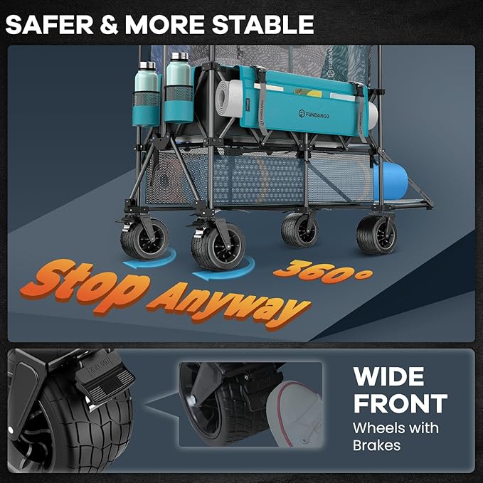 FUNDANGO Double Decker Wagon – 660L Extra High Extender Collapsible Wagons Carts Foldable Heavy Duty with Tailgate, Brakes & All-Terrain Big Wheels for Sports, Camping, Grocery Shopping, Blue