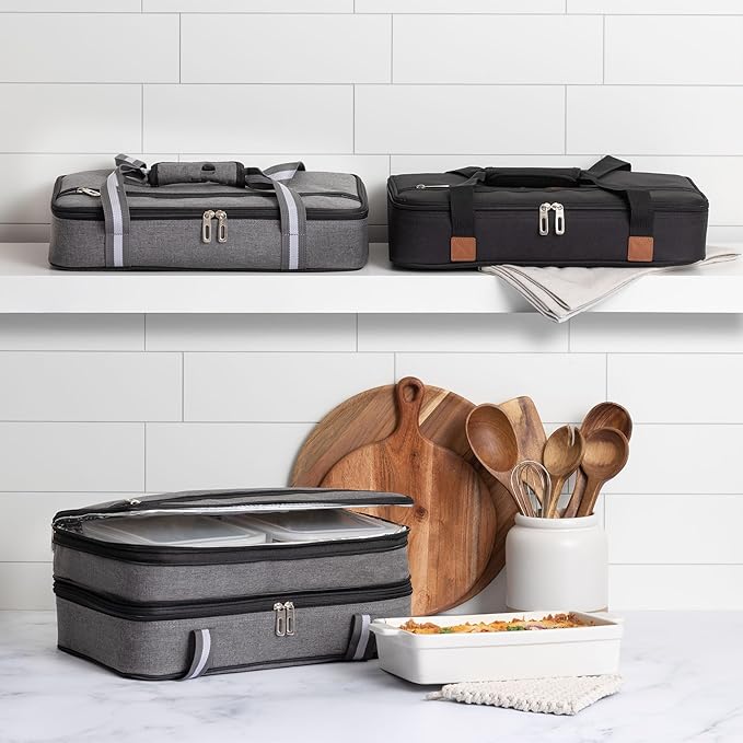 Stack Store Plus More Insulated Expandable Casserole Carrier with Baking Dish and Lid - Lasagna Holder for Picnic Potluck Beach Day Trip Camping Hiking - Hot and Cold Thermal Bag in Gray