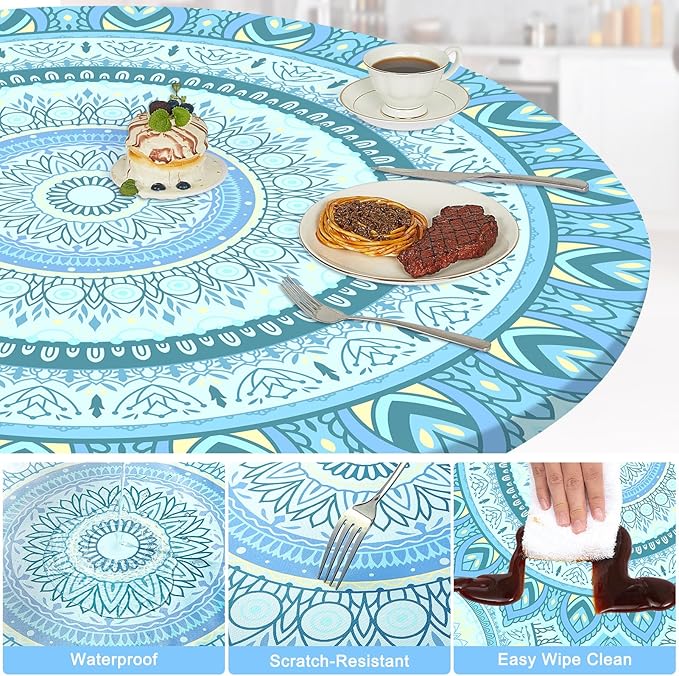 Round Tablecloth Fitted Elastic Table Cover Waterproof Table Cloth for Dinner, Party, Picnic,Camping, Round Table Cover for Indoor Outdoor