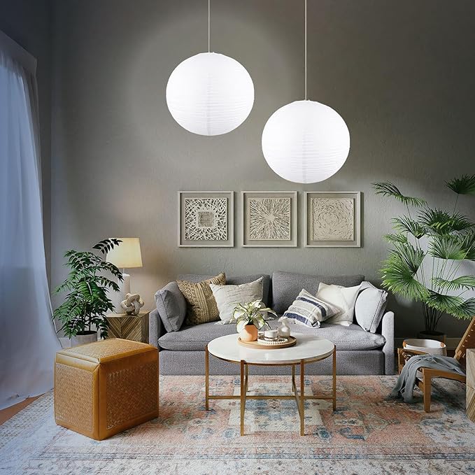 2 Pack White Round Paper Lanterns, 19.68" Large Hanging Paper Lantern Lamp, Chinese/Japanese Paper Pendant Lampshade for Party Decoration, Wedding, Home Decor Paper Ceiling Lampshade