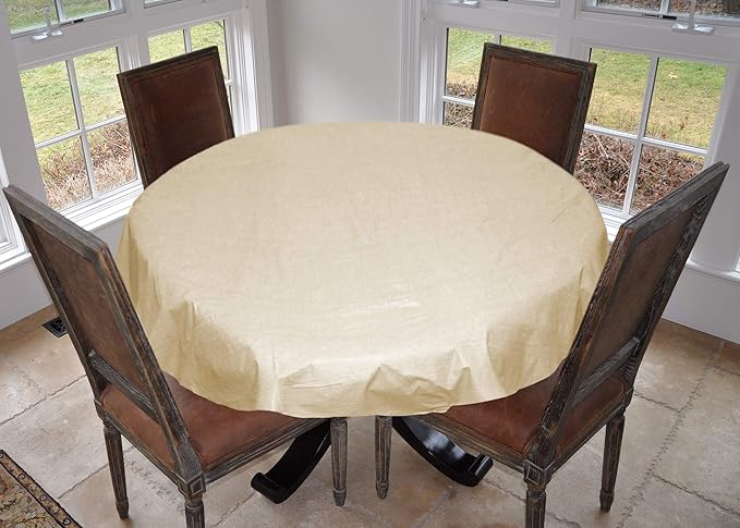 LAMINET Stitched Edge Drop Tablecloth - Basketweave (Beige) - Large Round - Fits Tables up to 70 Diameter