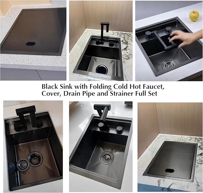 15-inch Hidden RV Kitchen Bar Sink with Folding Faucet, Cover, Drain Pipe and Strainer Full Set, Small Stainless Steel Prep Sink for Workstation, RV, Kitchen and Bar(Black)