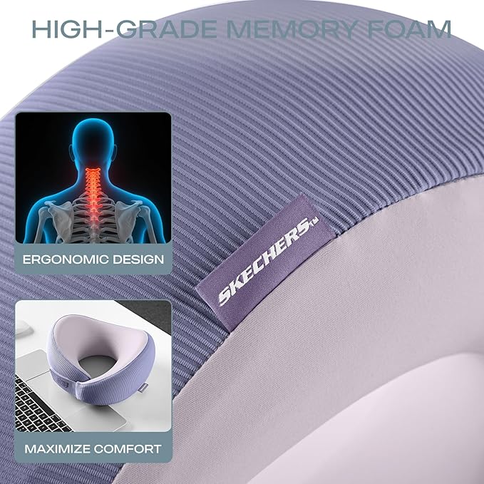Skechers Memory Foam Neck Pillow, Comfortable & Breathable Travel Pillow,Neck Pillow Airplane for Travel, Car Rides, Home, and Office Use, Ergonomic Design for Men and Women,Purple