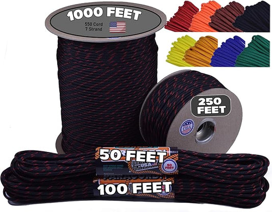BORED? PARACORD! 550 lb Paracord - Ideal for Crafting, Camping, DIY Projects, Active & Military Outdoors - Strong Survival Rope - Tactical Parachute Cord Type III - Thin Red Line 50 Feet