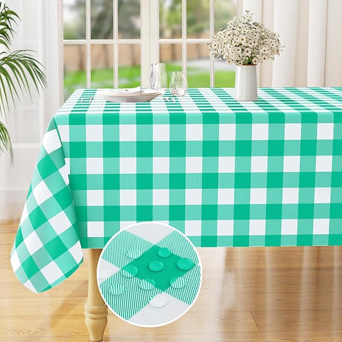 misaya Square Waterproof Vinyl Table Cloth, Buffalo Flannel Backed Tablecloth, Wipeable Plastic Table Cover for Dinner, Kitchen, Outdoor (60" x 60", Green and White)