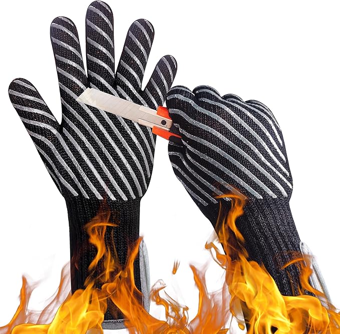 HandLove BBQ Gloves, Oven Gloves with Fingers –1472℉ Heat Resistant Gloves for Grilling | Aramid Retardant Non-Slip Grip, Bamboo-Lining Fire, Black,L