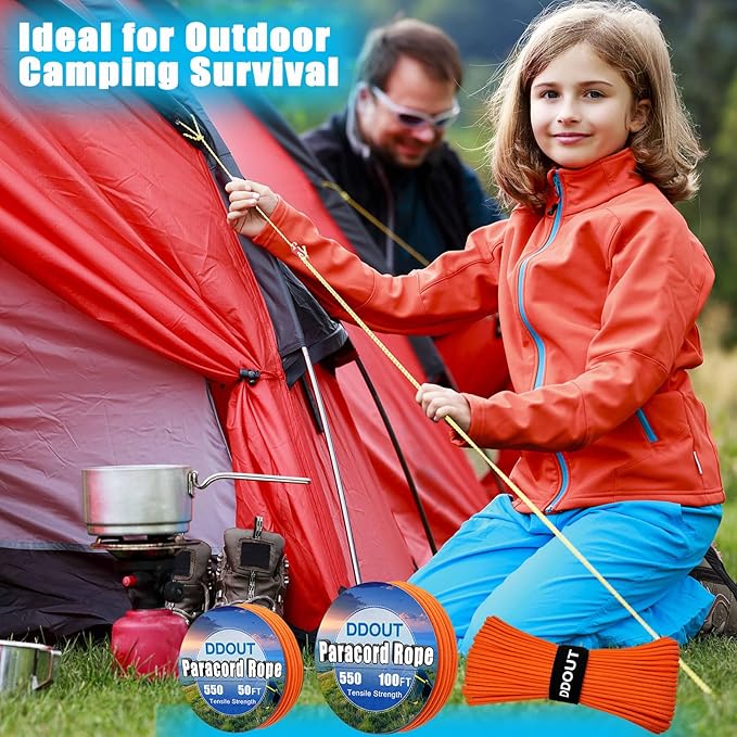 Paracord Nylon Rope Orange 100ft with 7-Strand Core, 10 Colors and 50/100/200 ft, Type III Parachute Cord 4mm for Camping, Survival, Hiking, DIY, Crafting, Outdoor Utility Rope