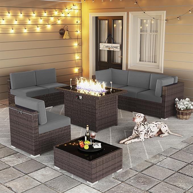 LayinSun 8 Piece Patio Furniture Set with 44" Propane Gas Fire Pit Table, Outdoor Sectional Conversation Set Wicker Rattan Sofa Set with Coffee Table