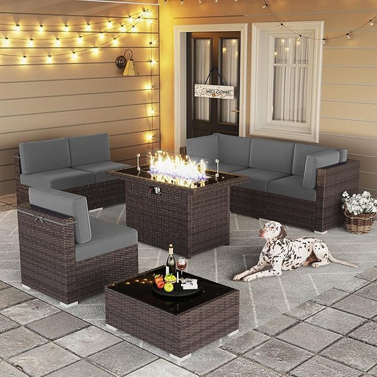 LayinSun 8 Piece Patio Furniture Set with 44" Propane Gas Fire Pit Table, Outdoor Sectional Conversation Set Wicker Rattan Sofa Set with Coffee Table
