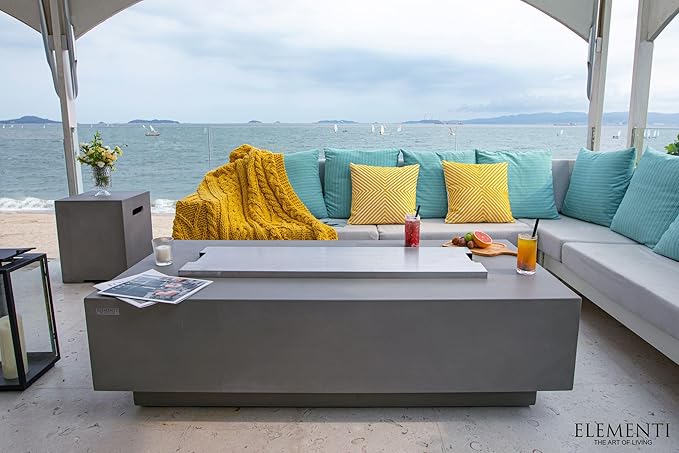Elementi | Bundle Granville Gas Fire Pit Cast Concrete 60" Rectangular Fire Table, Outdoor Fire Pit Electronic Ignition | Canvas Cover, Lava Rock Included | Light Gray (Natural Gas)