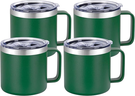 VEGOND 14 oz Insulated Coffee Mug Bulk with Handle, Stainless Steel Travel Coffee Mug with Lid, Double Wall Vacuum Metal Coffee Cup, Coffee Tumbler Powder Coated, Dark Green 4 Pack