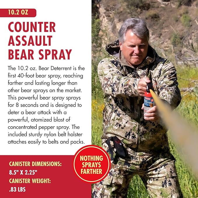 Counter Assault Bear Spray - Bears, Mountain Lions, Coyotes - Long-Range 40ft Distance - Pepper Spray Safety Gear for Hiking & Camping Protection - 2% Capsaicin - 10.2 oz