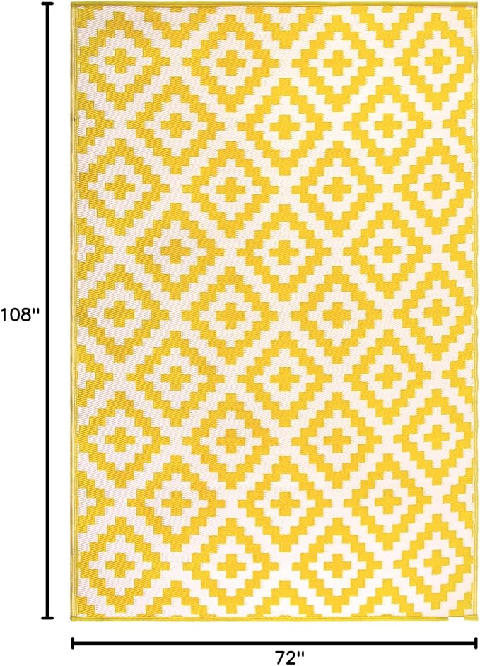 FH Home Outdoor Rug - Waterproof, Fade Resistant, Reversible - Premium Recycled Plastic - Geometric - Large Patio, Deck, Sunroom, Camping, RV - Aztec - Yellow & White Crease Free - 6 x 9 ft