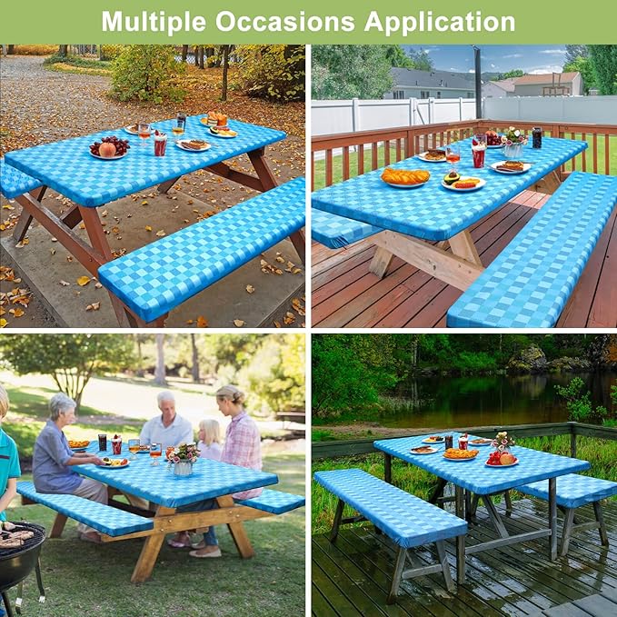 Picnic Table Cover with Bench Covers Camping Essentials Waterproof Windproof Camping Tablecloth with Drawstring Bag, Fitted Rectangle Tables and Seats, 72in, Blue