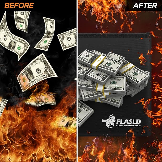 FLASLD Fireproof Document Money Bags, Large Fireproof Wallet Pouch, Safe Bag for Cash, Valuables & Passport, with Silicone Coating & Zipper Closure (Pouch-15x11”)
