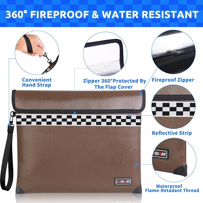 6200°F Fireproof Document Bag with upgrated Fireproof Zipper, Fire Proof Money Bag for Cash with Hand Strap, 9 Layers of Heat Insulated Materials, Water Resistant Fireproof Bag for Documents,Safe Bag