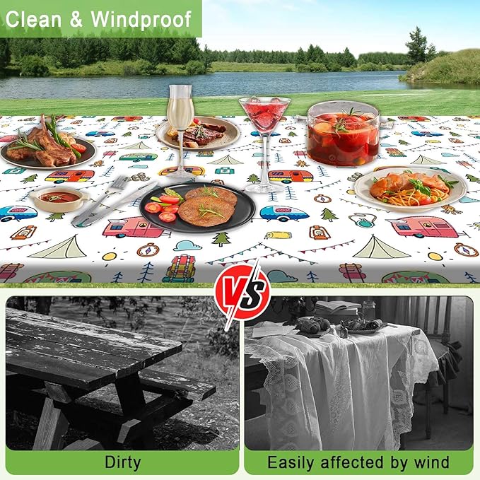 Picnic Table Cover with Bench Covers, Colorful Cartoon Camping Icons Elastic Edges, Waterproof Windproof Fitted Tablecloth, for Outdoor Camping Patio Garden, Includes Drawstring Bag, 72 in
