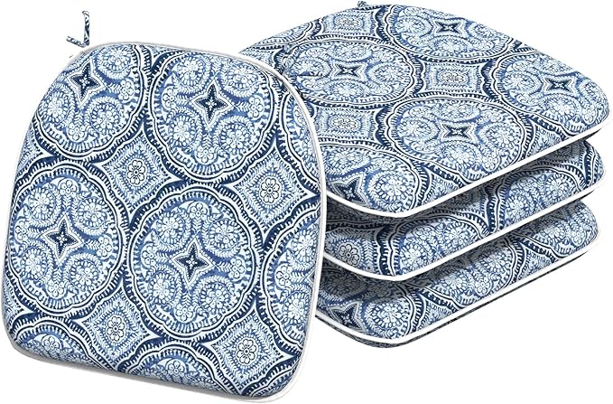 Indoor/Outdoor Chair Cushions 16x17 Inch, Patio Chair Cushions with Ties, All Weather Seat Cushions for Patio Furniture Home Garden Chair Use, Set of 4,Medallion Blue