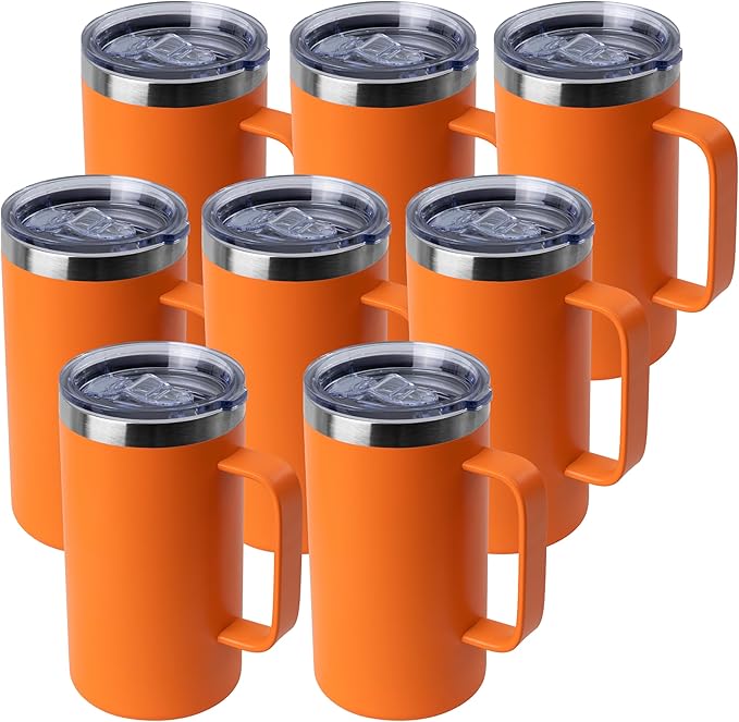 DOMICARE 24oz Mug with Handle and Lid, Stainless Steel Coffee Mug, Travel Mug with Handle, Double Wall Vacuum Coffee Tumbler, Reusable Insulated Cup, Orange, Pack 8