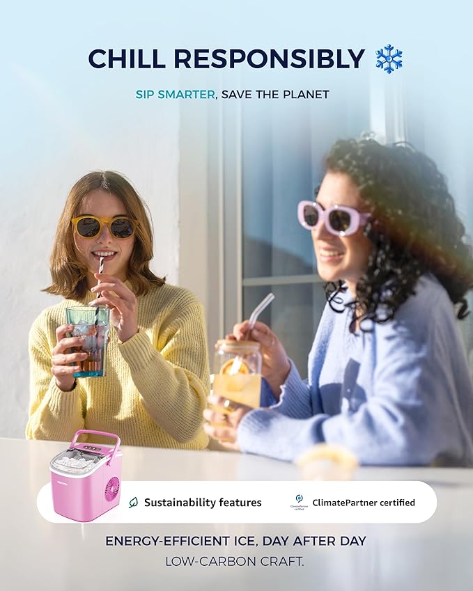 EUHOMY Countertop Ice Maker Machine with Handle, 26lbs in 24Hrs, 9 Ice Cubes Ready in 6 Mins, Auto-Cleaning Portable Ice Maker with Basket and Scoop, for Home/Kitchen/Camping/RV. (Pink)