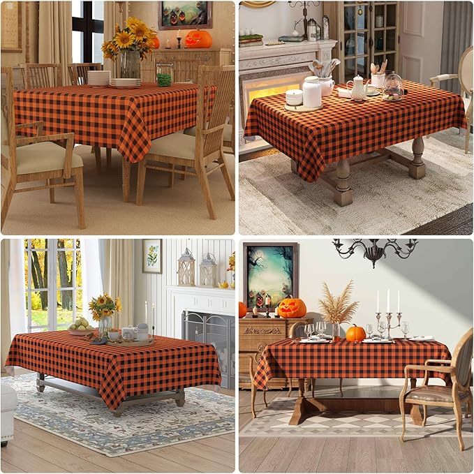 misaya Rectangle Waterproof Vinyl Table Cloth, Buffalo Flannel Backed Tablecloth, Wipeable Plastic Table Cover for Dinner, Kitchen, Picnic (60" x 102", Orange and Black)