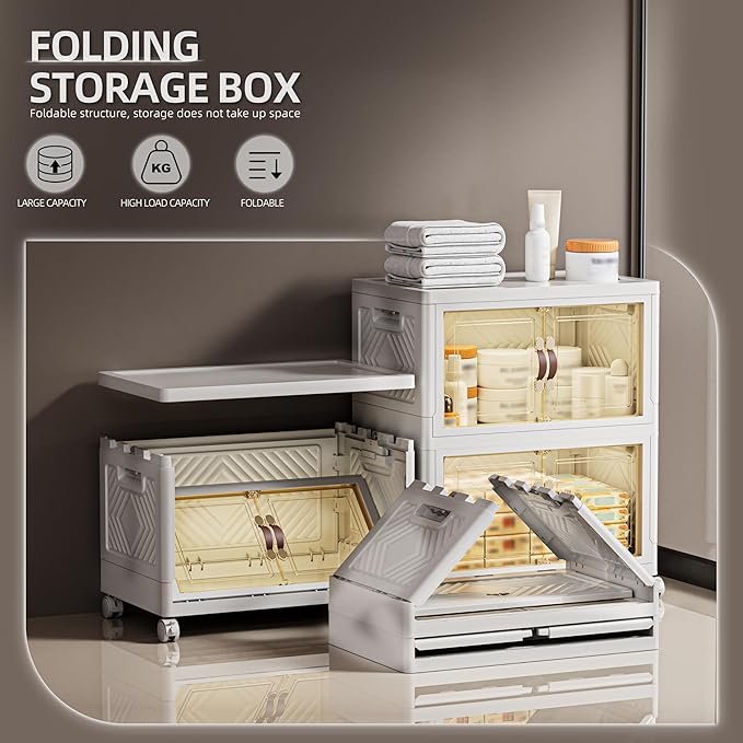 132 QT / 33 Gal White Storage Bins with 1 Lid - Collapsible Stackable Cabinet Organizer w/Wheels & Magnetic Doors, Plastic Storage Box for Office Closet Organization