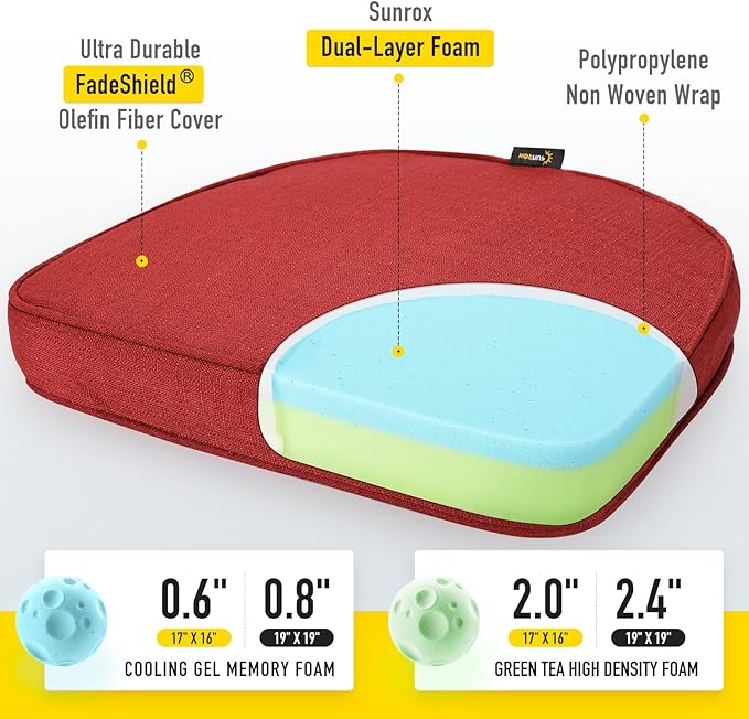 SUNROX Gel Memory Foam Chair Cushions, FadeShield Water-, Stain-Resistant Durable Reversible Seat Cushion Pads with Ties for Indoor/Outdoor Kitchen Dining Office, 19"x19", Set of 4, Burgundy