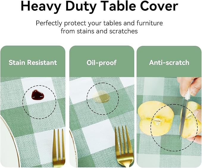 Romanstile Rectangle Plastic Tablecloth, 100% Waterproof Oil-Proof Checkered PVC Table Cloth, Heavy Duty Vinyl Table Cover for Dining, Camping, Picnic, Outdoor - 54 x 78 Inch, Sage Green