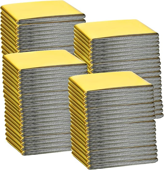 Macarrie 100 Pack Emergency Thermal Blankets Silver Foil Survival Blanket Space Blanket Survival Kit for Outdoors, Camping, Hiking, Homeless, Survival or First Aid (Gold)