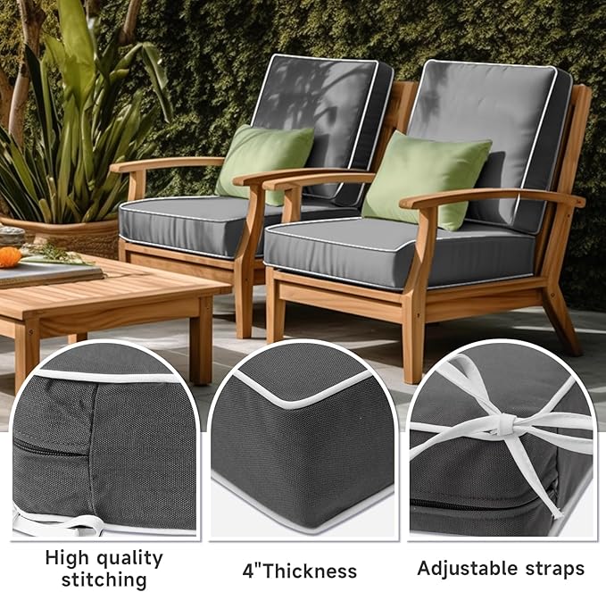PNP FKJP 2 Pack Outdoor Chair Cushion 20" X 20" X 4", Waterproof Outdoor Seat Cushions with Non-Skid Ties,Dark Gray (Cushion + Cover)