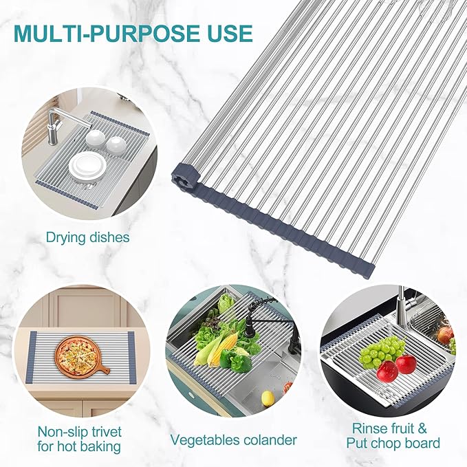 BBXTYLY Extra Expandable Roll Up Dish Drying Rack,Over The Sink Drying Rack Sink Cover Kitchen Sink Accessories Kitchen Rolling up Stainless Steel Drainer, Foldable,Rollable（Gray，22.8''-12.4''）