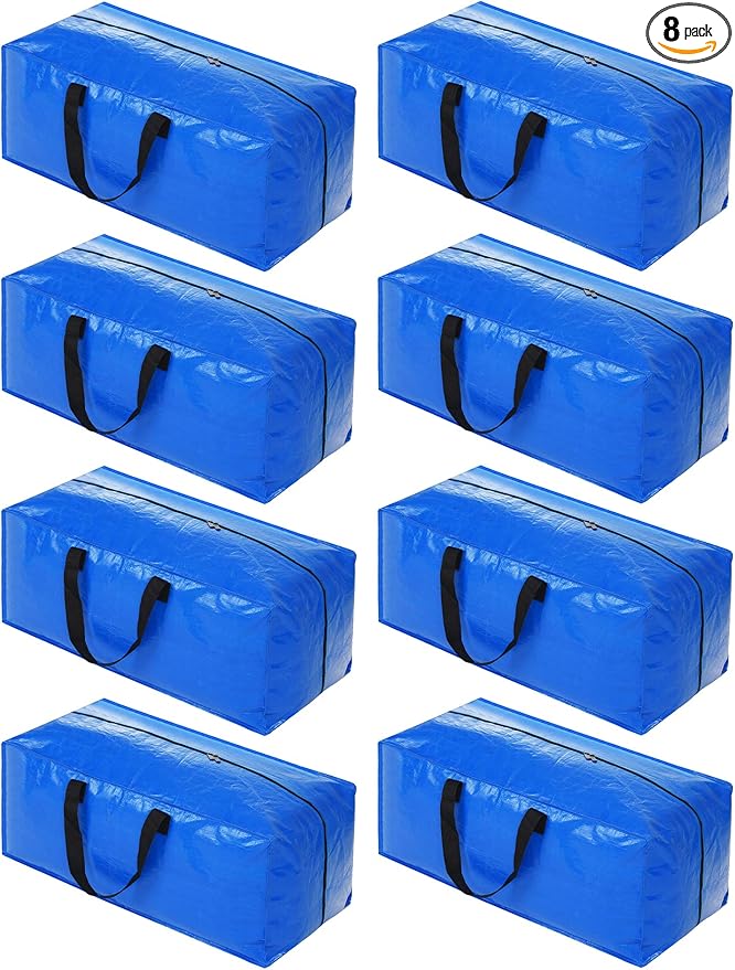8 Pack Heavy Duty Extra Large Moving Bags Storage Tote - Strong Handles& Backpack Straps - Space Saving Storage Bags Alternative to Moving Boxes and Bins,Compatible with Ikea Frakta Cart, Blue