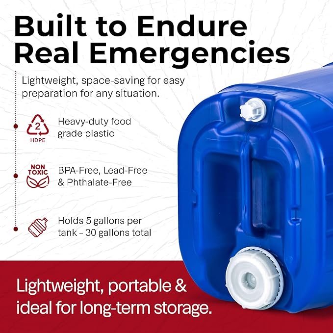 Legacy Food Storage Emergency Water Storage Containers, Long Term 5 Gallon Water Tank - 6 Stackable Food Grade Tanks Included, for Camping, Prepping, Survival - 30 Gallon Total Capacity