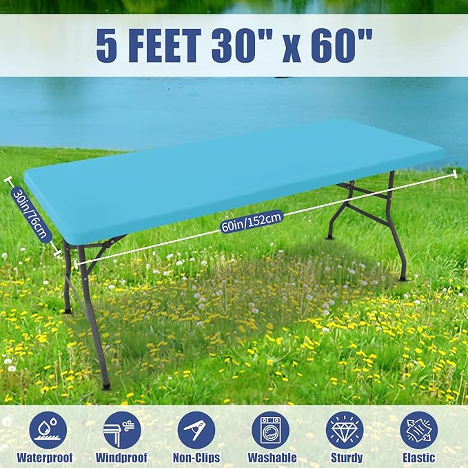 Spandex Picnic Table Cloth 2 Pack, Elastic Fitted Tablecloths for 5 Foot Rectangle Tables, Stretch Washable Patio Table Cover for Outdoor, Camping, Banquet and Parties (Blue Mist, 30"x60")