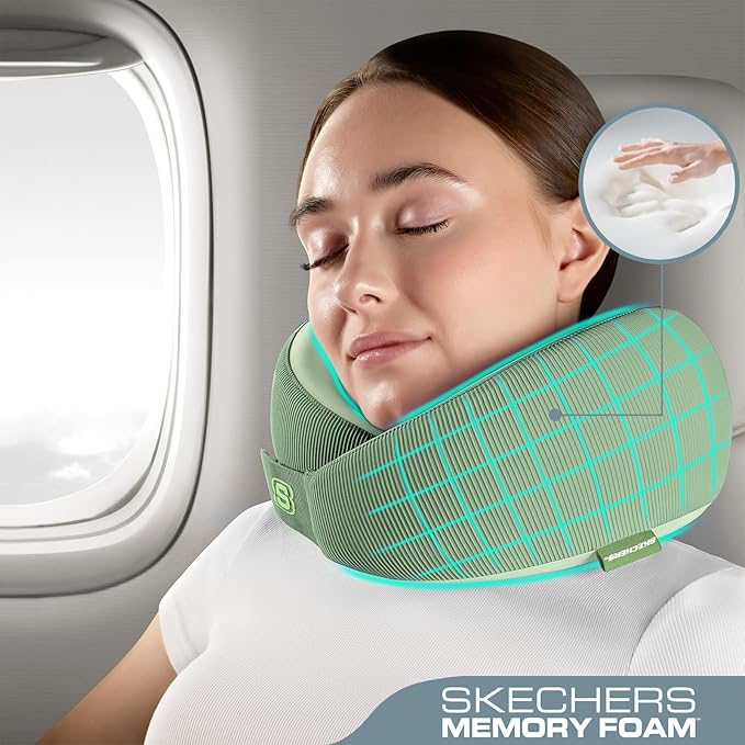 Skechers Memory Foam Neck Pillow, Comfortable & Breathable Travel Pillow,Neck Pillow Airplane for Travel, Car Rides, Home, and Office Use, Ergonomic Design for Men and Women,Green