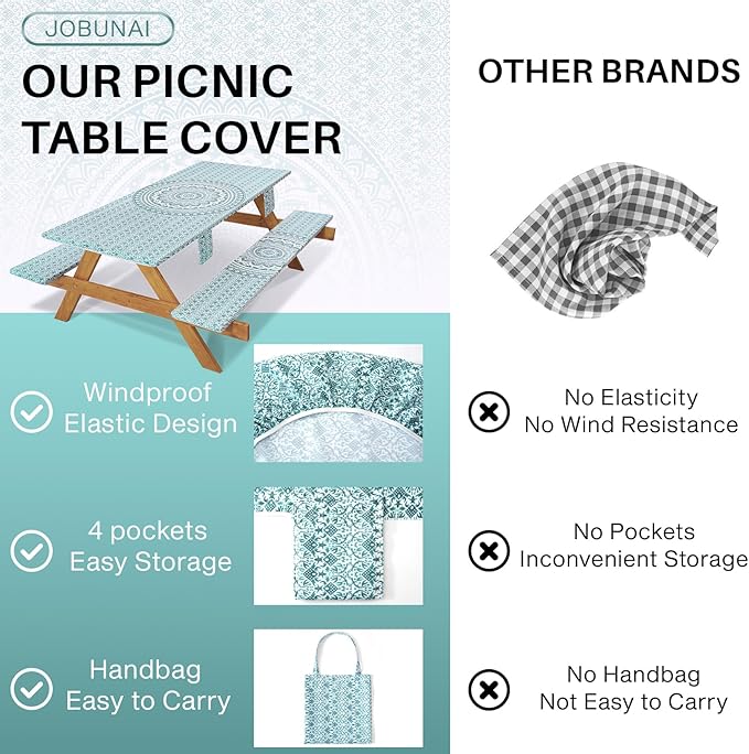 Fitted 6Ft Picnic Table Cover with Chair Covers Elastic Polyester Stain Resistant Reusable Camping Table Cloth Patio Glamping Equipment Hiking Rv Outdoor Necessities Gifts for Grandma Grandpa