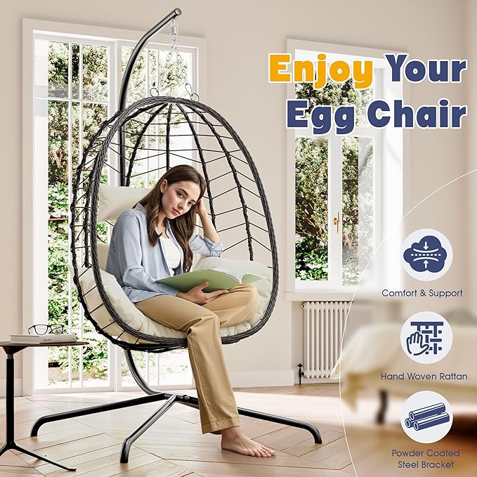 Egg Chair with Stand, Patio Wicker Bifanuo Hanging Chair, Hammock Swing Chair, 350LBS Capacity for Bedroom, Balcony, Garden(BR-BE)