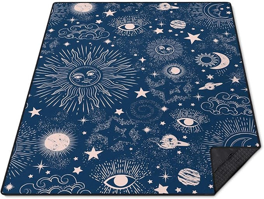 Gothic Picnic Blankets Waterproof Foldable,60″X80″Thick Picnic Mat Blue Outdoor Blanket for Grass, Sun and Moon Beach Blanket Sandproof Picnic Accessories for Camping Party Travel Park Lawn