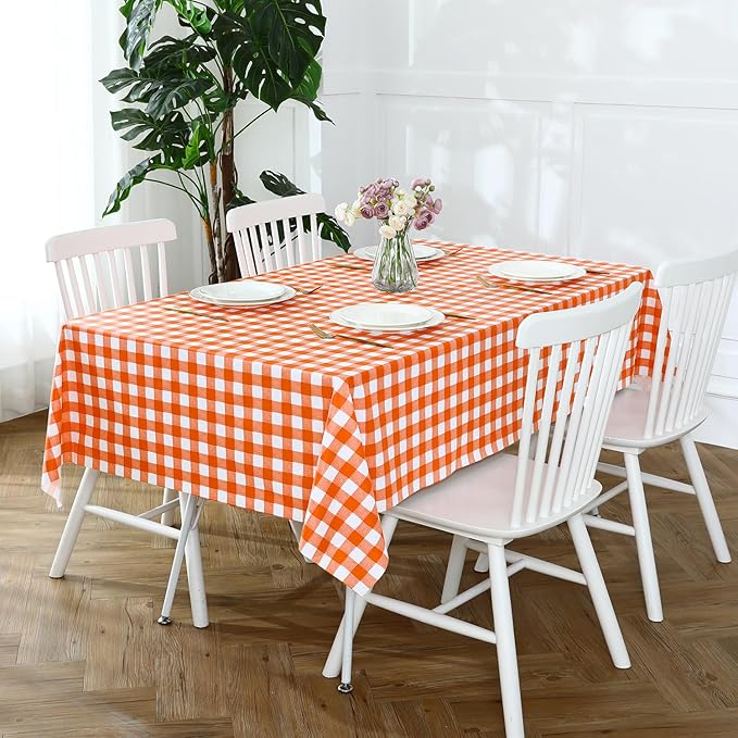 Romanstile Rectangle Vinyl PVC Tablecloth, 100% Waterproof Buffalo Plaid Plastic Table Cloth, Oil Proof Heavy Duty Wipeable Table Covers for Dining/Camping/Picnic/Outdoor - 54 x 120, Orange and White