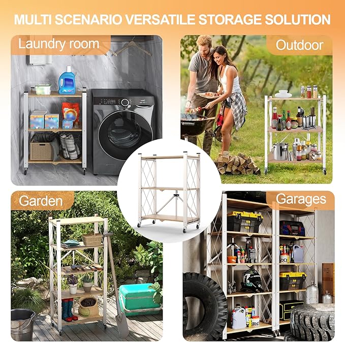 3 Tier Folding Shelf with Wheels, Metal Steel Collapsible Shelves, Folding Bookshelf no Assembly, Portable Folding Storage Shelves, Rolling Standing Utility Rack for Kitchen, Office, Bedroom, Natural