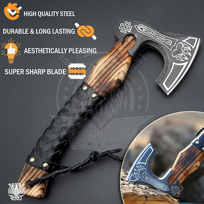 SHINY CRAFTS-Camping Axe Tomahawk Viking Bearded Axe Viking Axe Valentine's Day Gift Birthday Gift for him with Premium Leather Sheath (SCA-16)