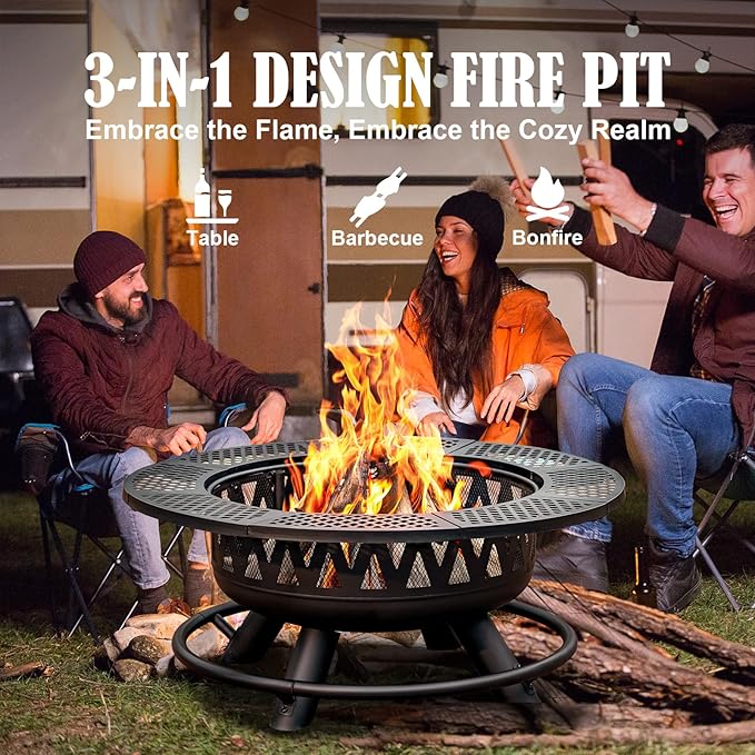 36 Inch Fire Pit with 2 Grills, Large Outdoor Firepits for Outside, Wood Burning Fireplace for Camping,Picnic,Bonfire, 3-in-1 Round Metal Table with Lid for Backyard,Patio,Party